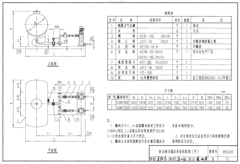 98S205消防增压稳压设备选用与安装(隔膜式气压罐) 预览图