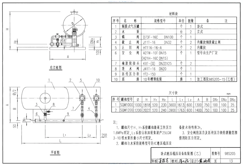 98S205消防增压稳压设备选用与安装(隔膜式气压罐) 预览图