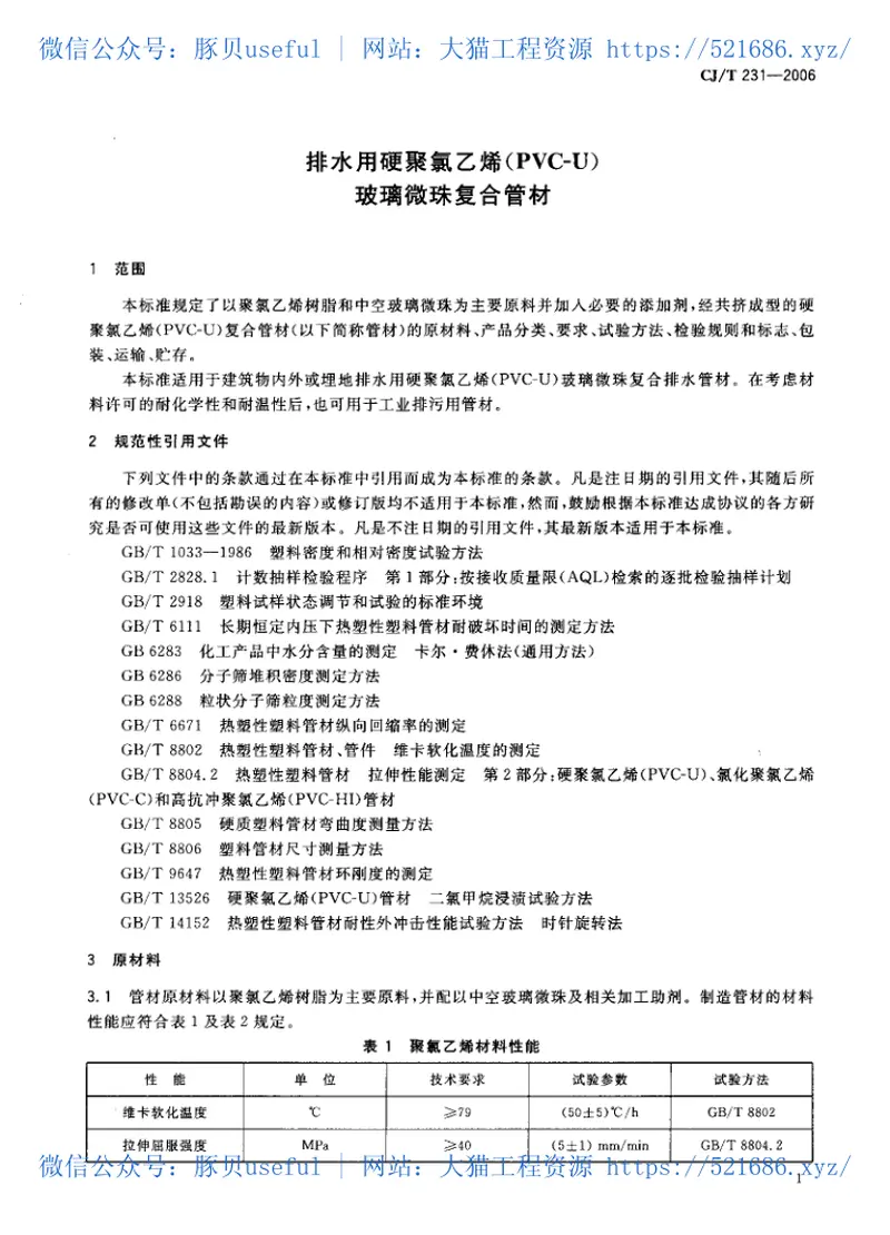 CJT231-2006排水用硬聚氯乙烯（PVC-U）玻璃微珠复合管材 预览图