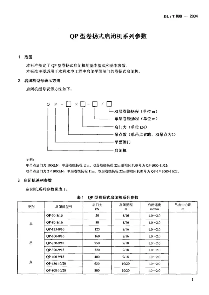 DLT898-2004QP型卷扬式启闭机系列参数 预览图