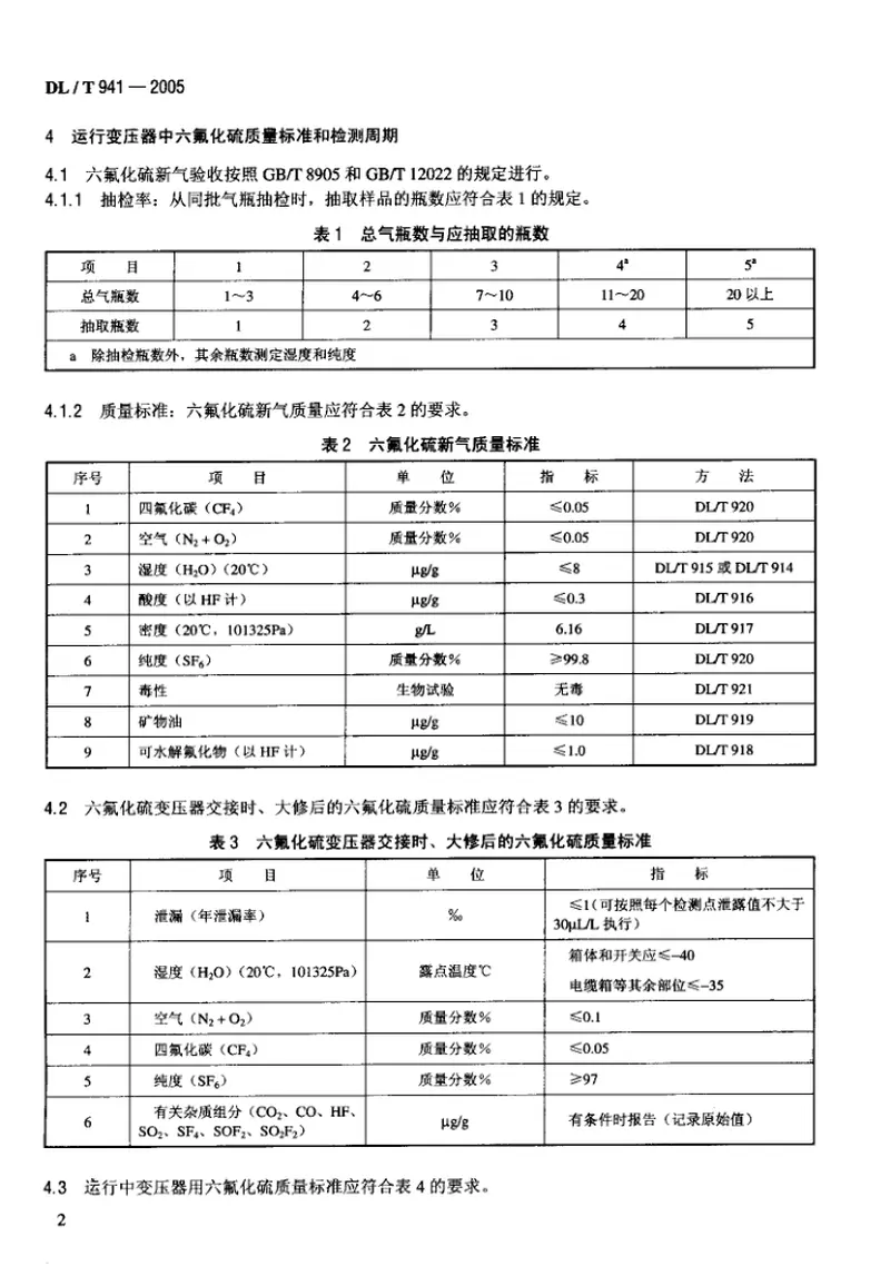 DLT941-2005运行中变压器用六氟化硫质量标准 预览图