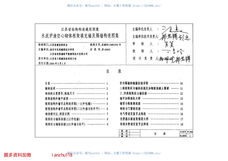 苏G9902水泥炉渣空心砌体框架填充墙及隔墙构造图集(2) 预览图
