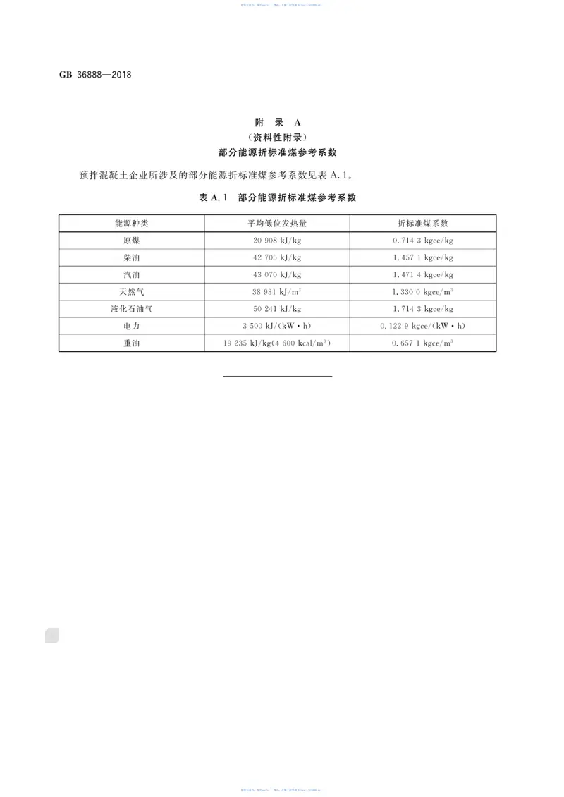 GB36888-2018预拌混凝土单位产品能源消耗限额 预览图