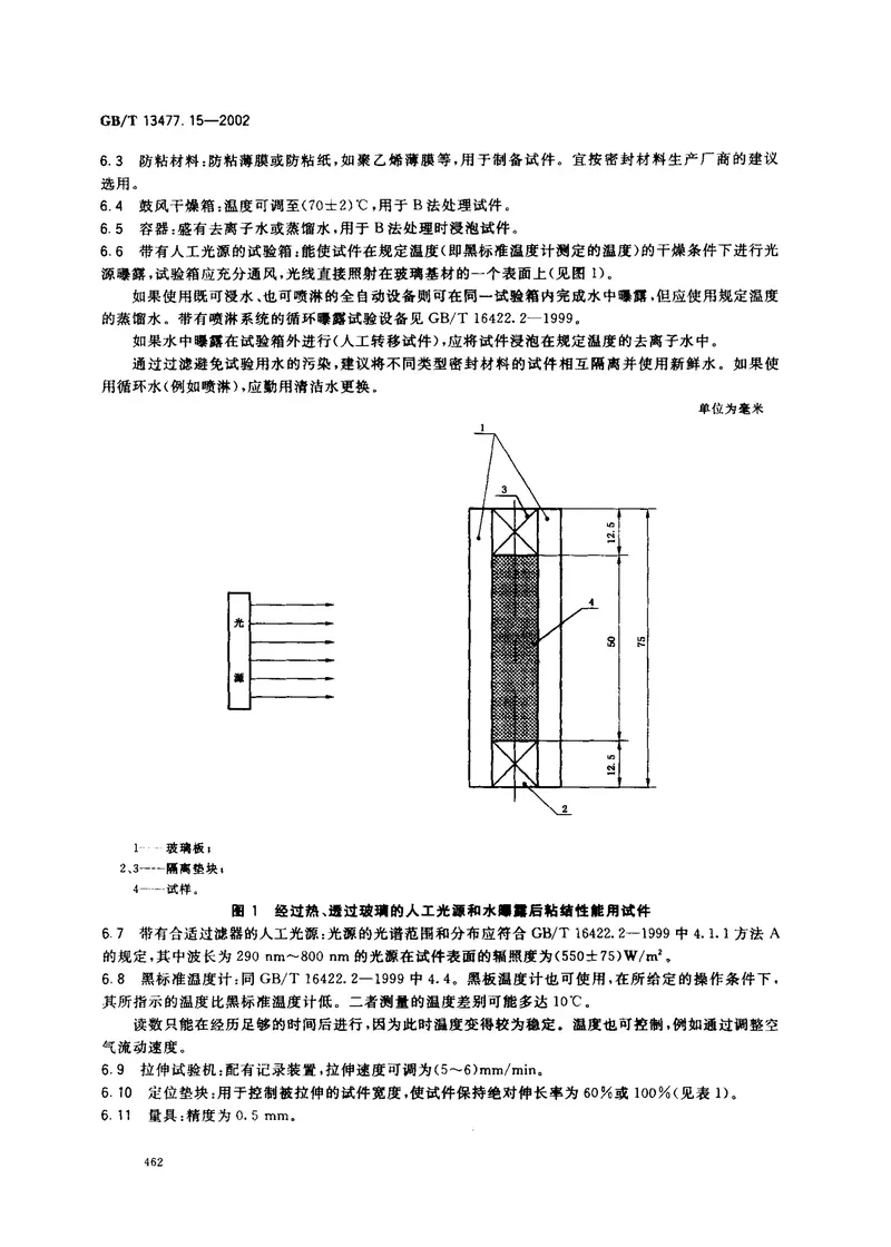 GBT13477.15-2002建筑密封材料试验方法第15部分：经过热透过玻璃的人工光源和水曝露后粘结性的测定 预览图