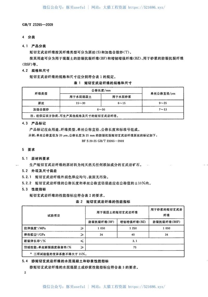 GBT23265-2009水泥混凝土和砂浆用短切玄武岩纤维 预览图