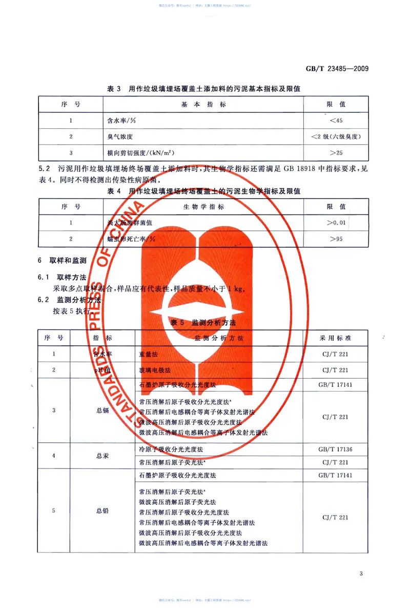 GBT23485-2009城镇污水处理厂污泥处置混合填埋用泥质 预览图