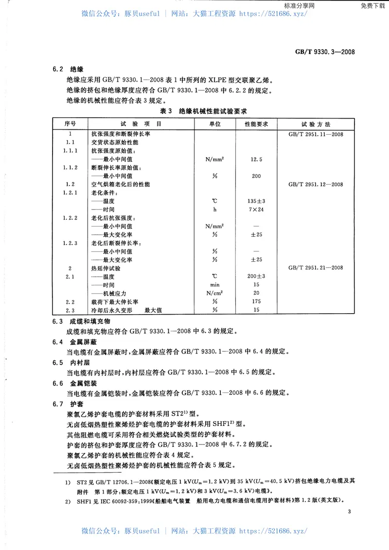 GBT9330.3-2008塑料绝缘控制电缆第3部分：交联聚乙烯绝缘控制电缆 预览图