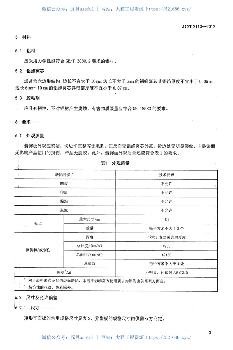 JCT2113-2012普通装饰用铝蜂窝复合板 预览图