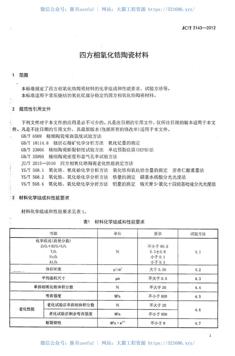 JCT2143-2012四方相氧化锆多晶陶瓷材料 预览图