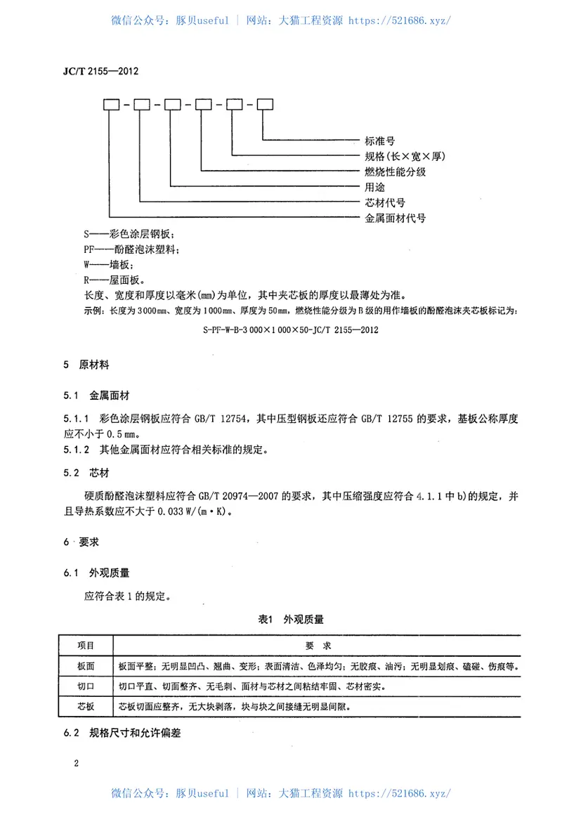 JCT2155-2012建筑用金属面酚醛泡沫夹芯板 预览图