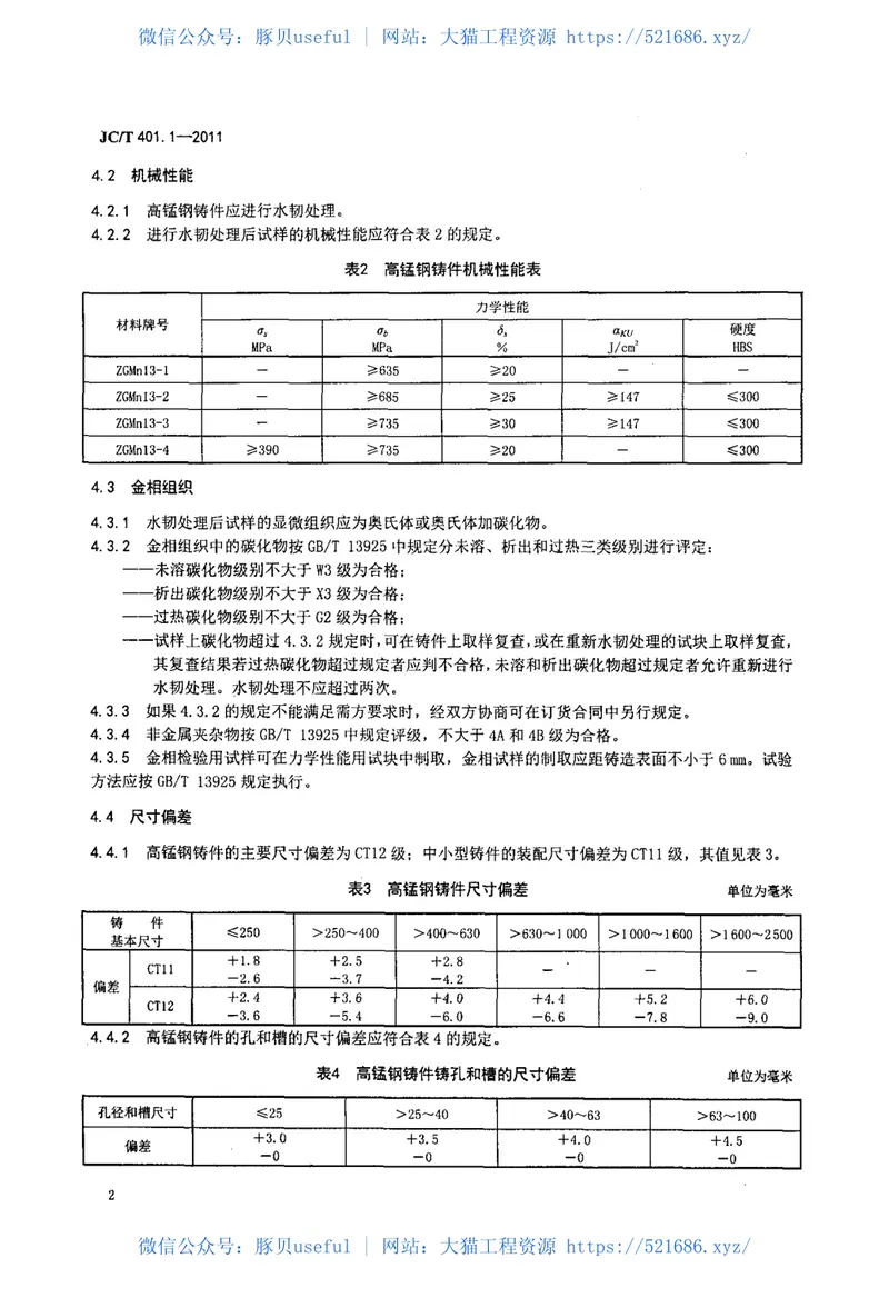 JCT401.1-2011建材机械用铸钢件第1部分：高锰钢铸件技术条件 预览图