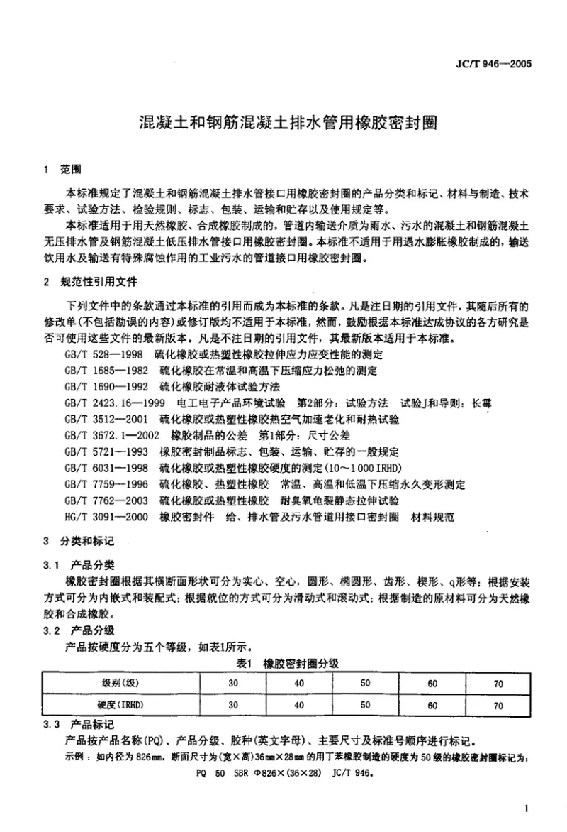 JCT946-2005混凝土和钢筋混凝土排水管用橡胶密封圈 预览图