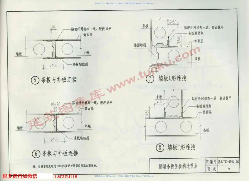 苏J／T15-2005(四)轻质墙板构造图集(四)轻集料混凝土空心隔墙条板 预览图