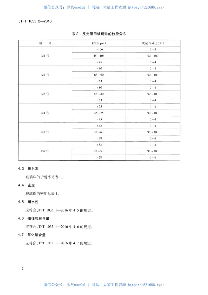 JTT1035.2-2016道路逆反射材料用玻璃珠第2部分：反光膜用玻璃珠 预览图