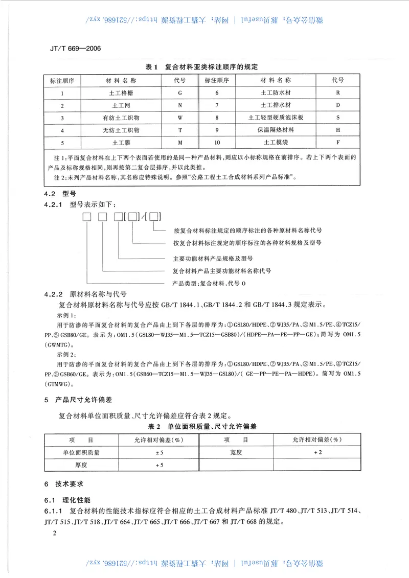JTT669-2006公路工程土工合成材料复合材料的分类、性能要求和试验方法 预览图