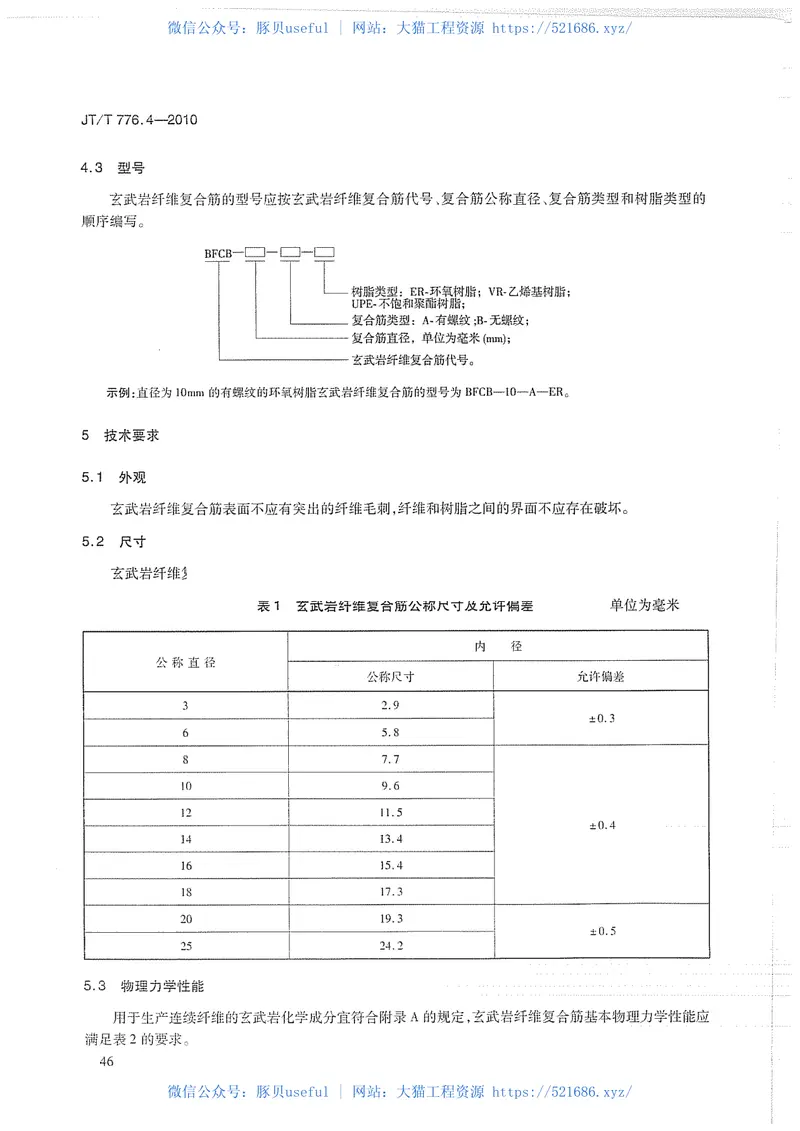 JTT776.4-2010公路工程玄武岩纤维及其制品第4部分:玄武岩纤维复合筋 预览图
