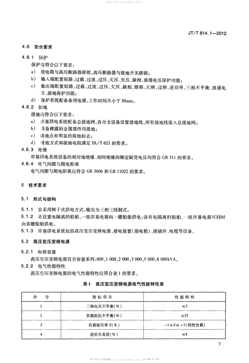JTT814.1-2012港口船舶岸基供电系统技术条件第1部分：高压上船 预览图