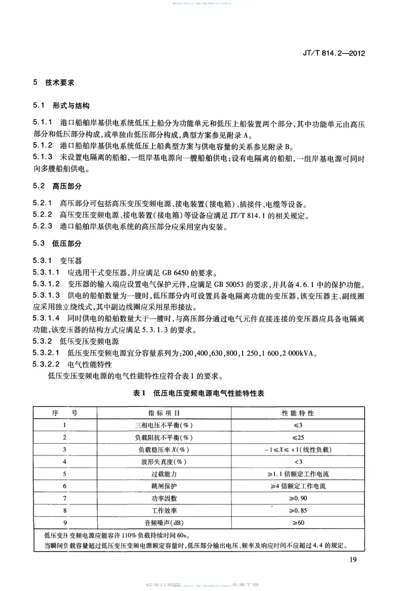 JTT814.2-2012港口船舶岸基供电系统技术条件第2部分：低压上船 预览图