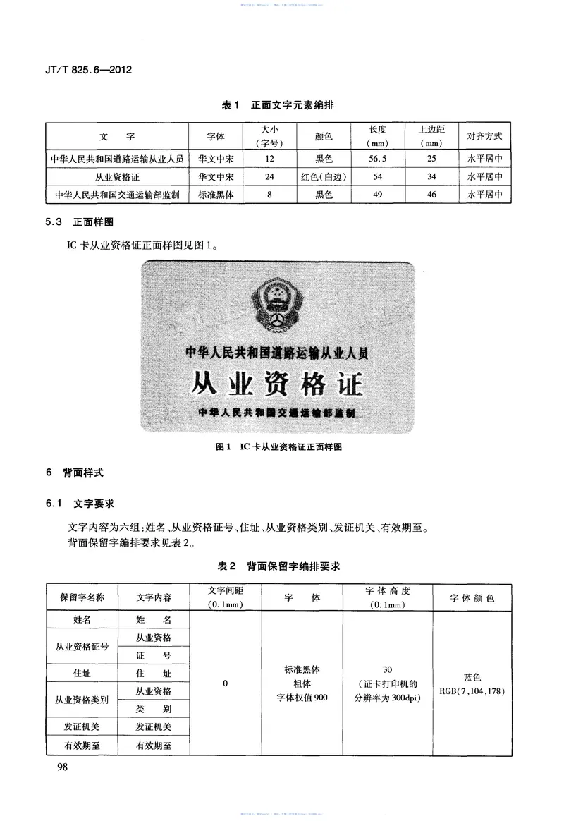 JTT825.6-2012IC卡道路运输证件第6部分:IC卡从业资格证规格与样式 预览图