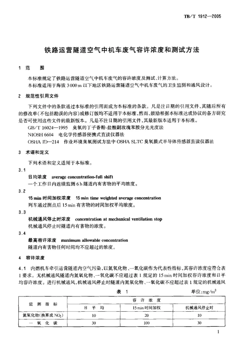 TBT1912-2005铁路运营隧道空气中机车废气容许浓度和测试方法 预览图